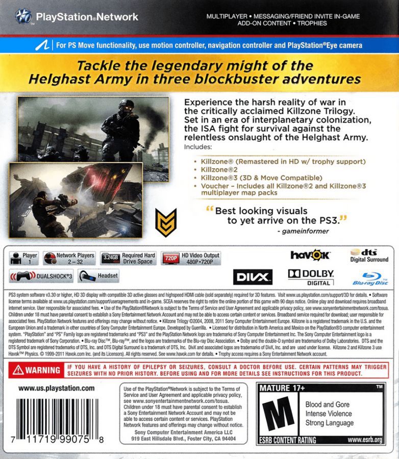 Killzone Trilogy Collection back cover art for PlayStation 3 (PS3) video game