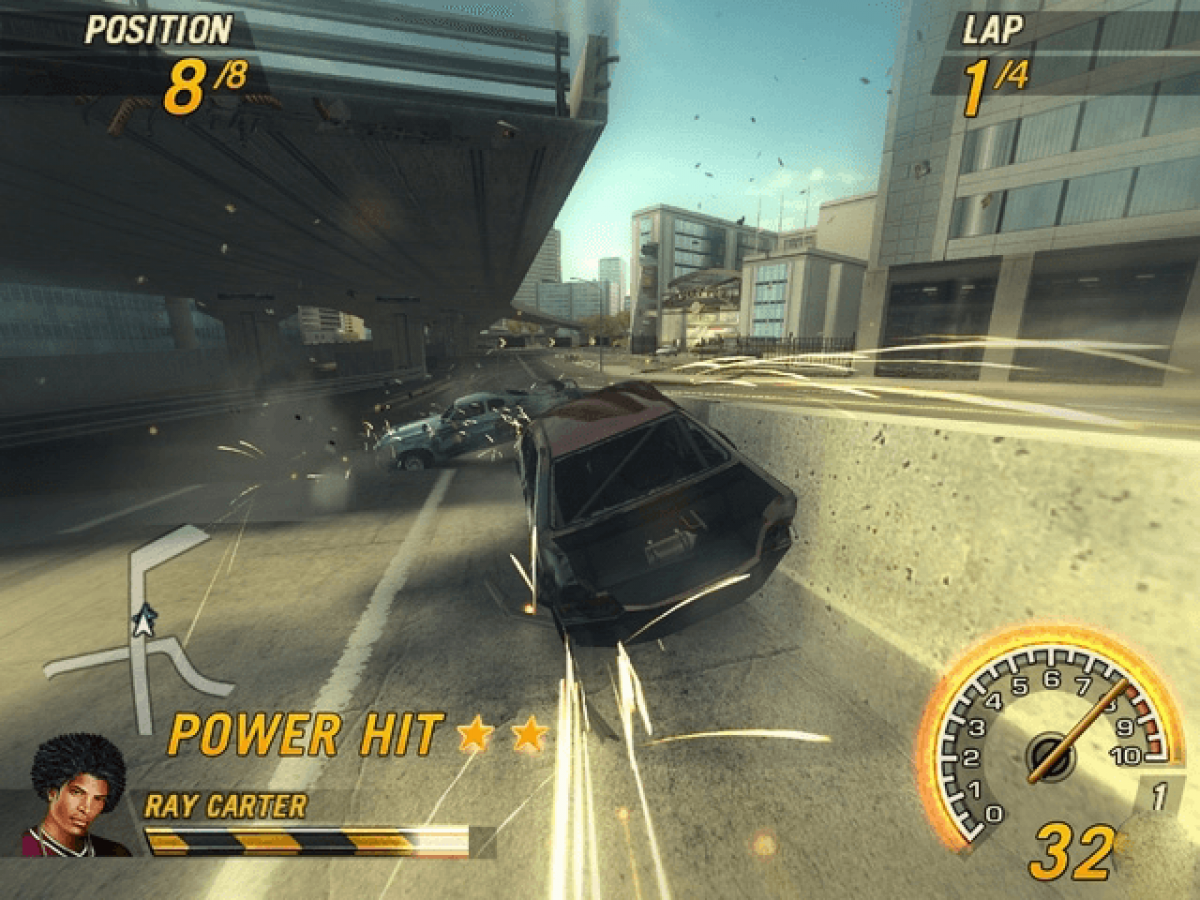 Gameplay art for 'Flatout 2' on Xbox with a black car and dramatic background.
