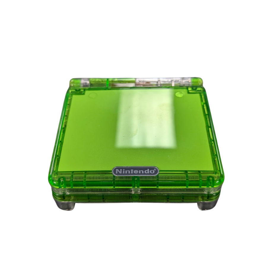 Game Boy Advance SP (GBA SP) [Custom Green Shell & IPS Screen Mod] at Gamers INC, featuring a vibrant, high-definition backlit IPS display for superior clarity and brightness, housed in a custom-built green shell with a modern aesthetic, offering a premium handheld experience for playing your entire library of classic GBA, GBC, and GB games on an upgraded system top front