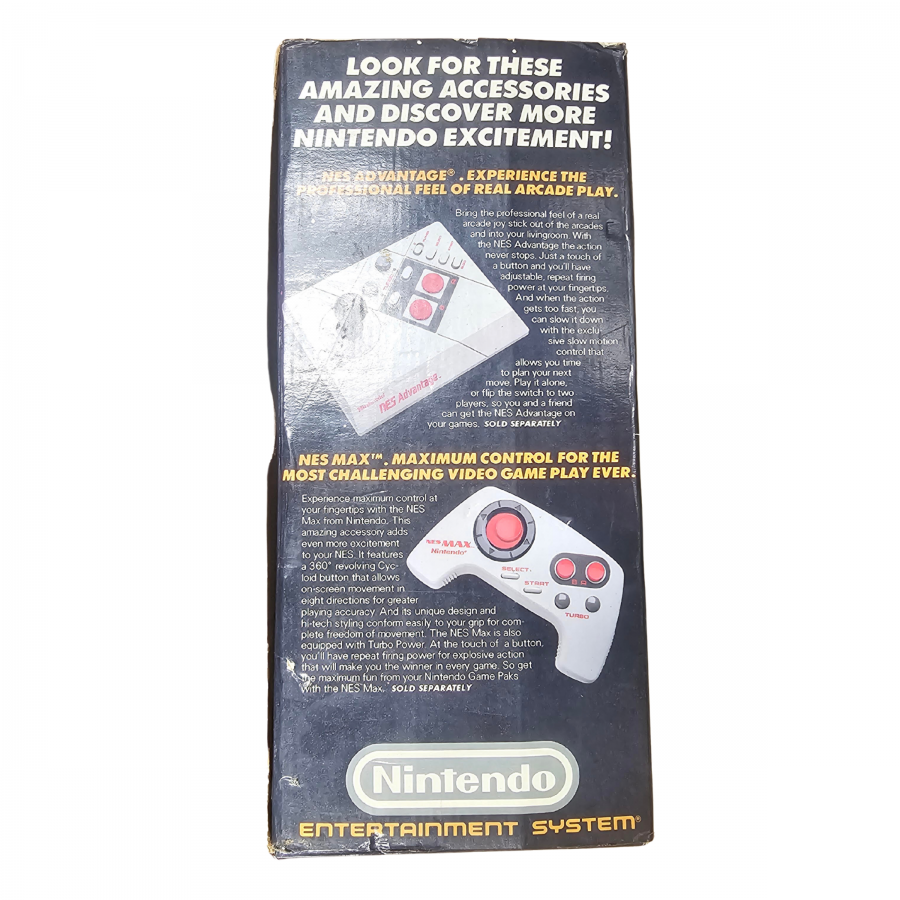 Nintendo Entertainment System NES Console Action Set CIB complete in box gaming system featuring the classic NES console controllers Zapper light gun game accessories original packaging home console setup classic Nintendo hardware and collectible retro gaming appeal side box art