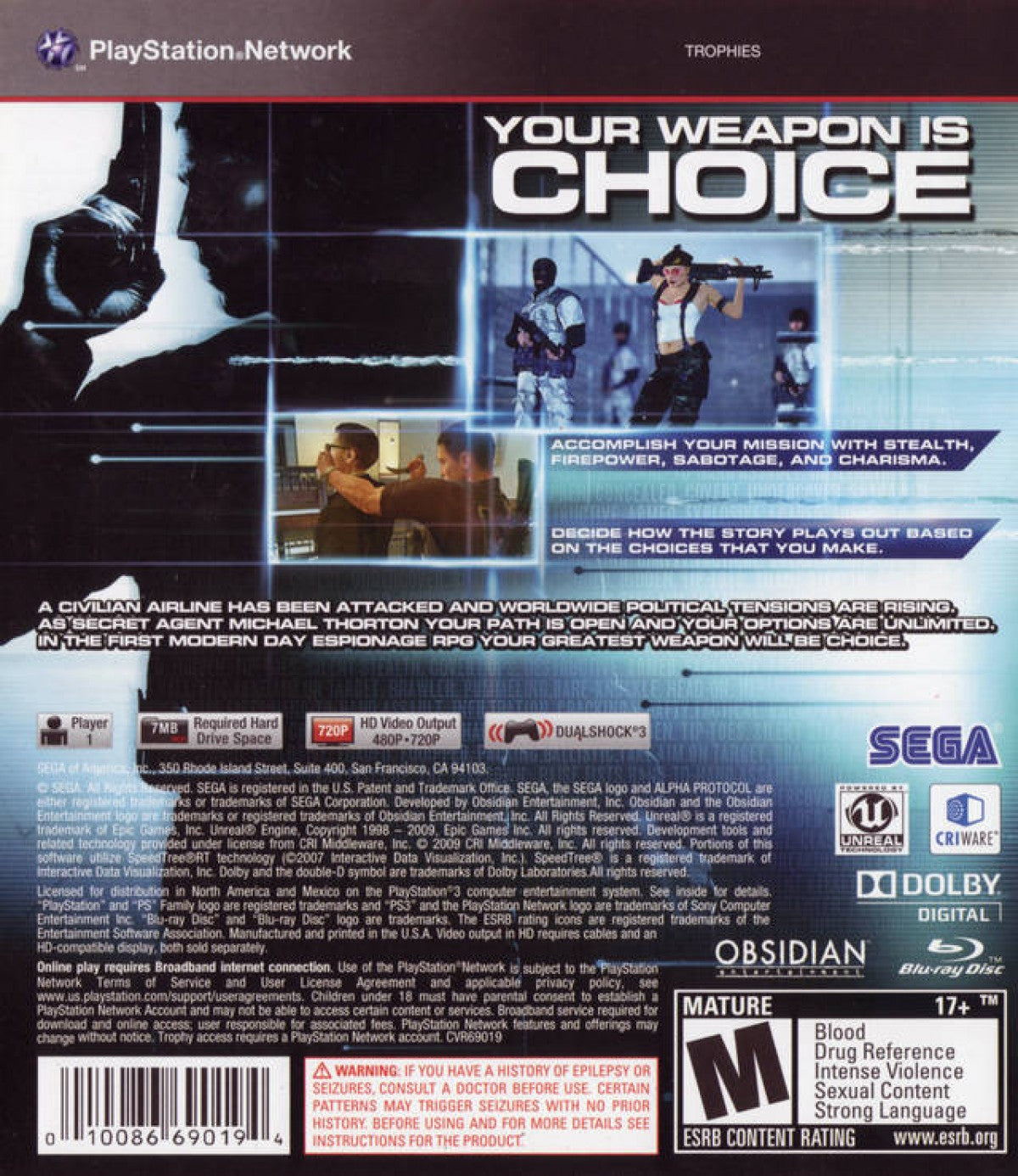 Alpha Protocol The Espionage RPG PlayStation 3 PS3 for action role playing video game fans featuring modern espionage gameplay player choice branching storyline stealth missions tactical third person combat character customization international spy adventure collectible gaming appeal back cover