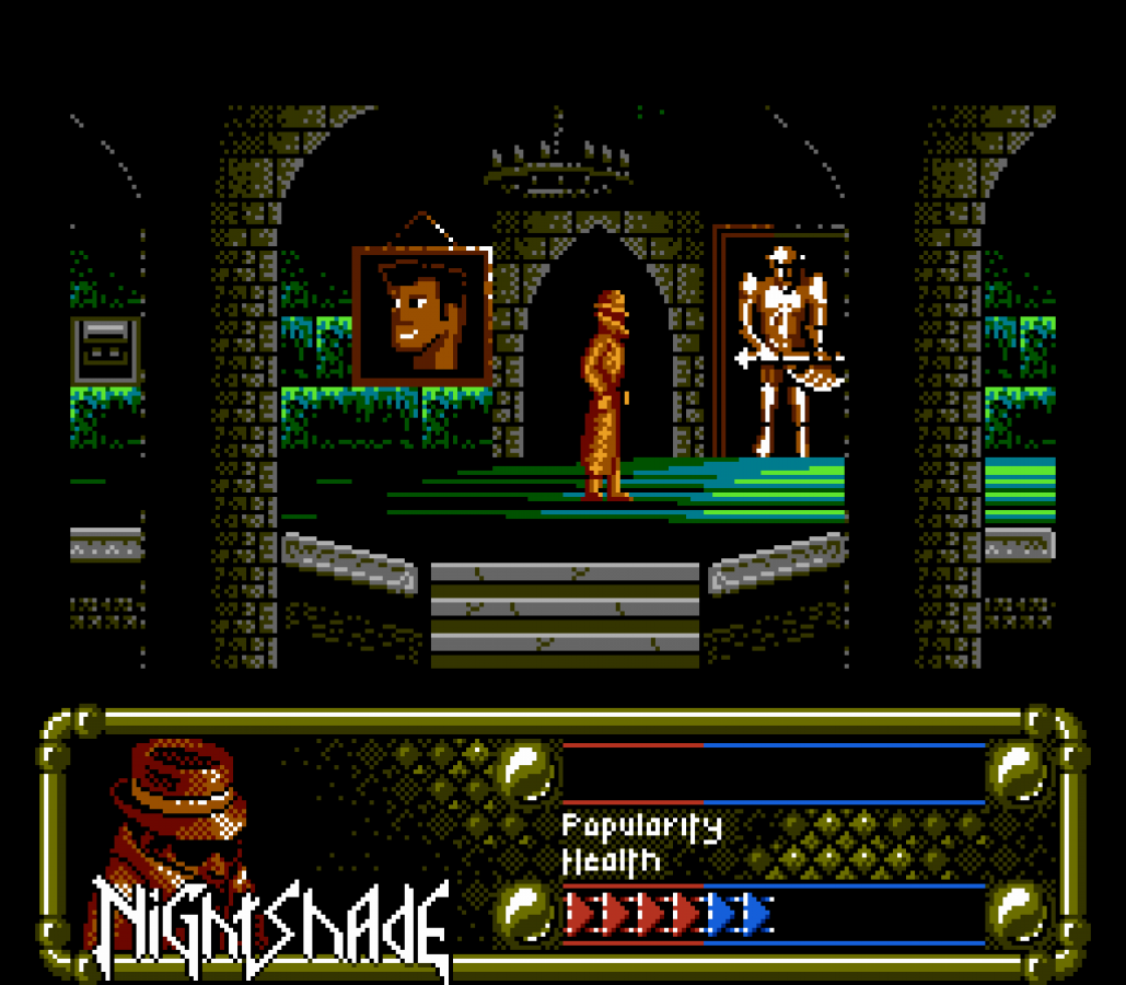 Nightshade Nintendo Entertainment System inspired design featuring classic action adventure gameplay aesthetic comic book inspired crime fighting hero mystery solving challenges side scrolling exploration retro 8 bit gaming atmosphere nostalgic NES presentation gameplay 