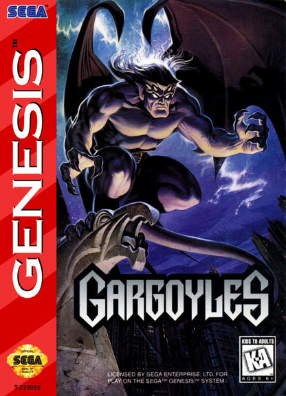 Gargoyles Sega Genesis GEN for action platforming video game fans featuring Goliath and the Gargoyles cast side scrolling combat dark fantasy environments powerful attacks enemy battles challenging stages atmospheric visuals and classic Sega Genesis gameplay collectible retro gaming appeal front cover art