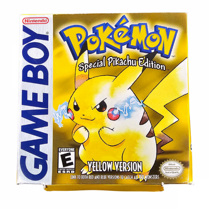 Pokémon Yellow Special Pikachu Edition CIB Game Boy GB for role playing video game fans featuring Pikachu following the player through Kanto catching and training Pokémon turn based battles Gym Leader challenges Team Rocket encounters Elite Four battles Pokémon trading and classic Game Boy gameplay collectible retro gaming appeal front box art