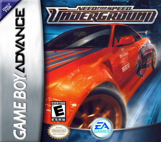 Need for Speed Underground Game Boy Advance cover art for retro video game featuring street racing gameplay, car customization, underground tuner culture, fast paced arcade racing, and portable handheld racing action on the GBA system