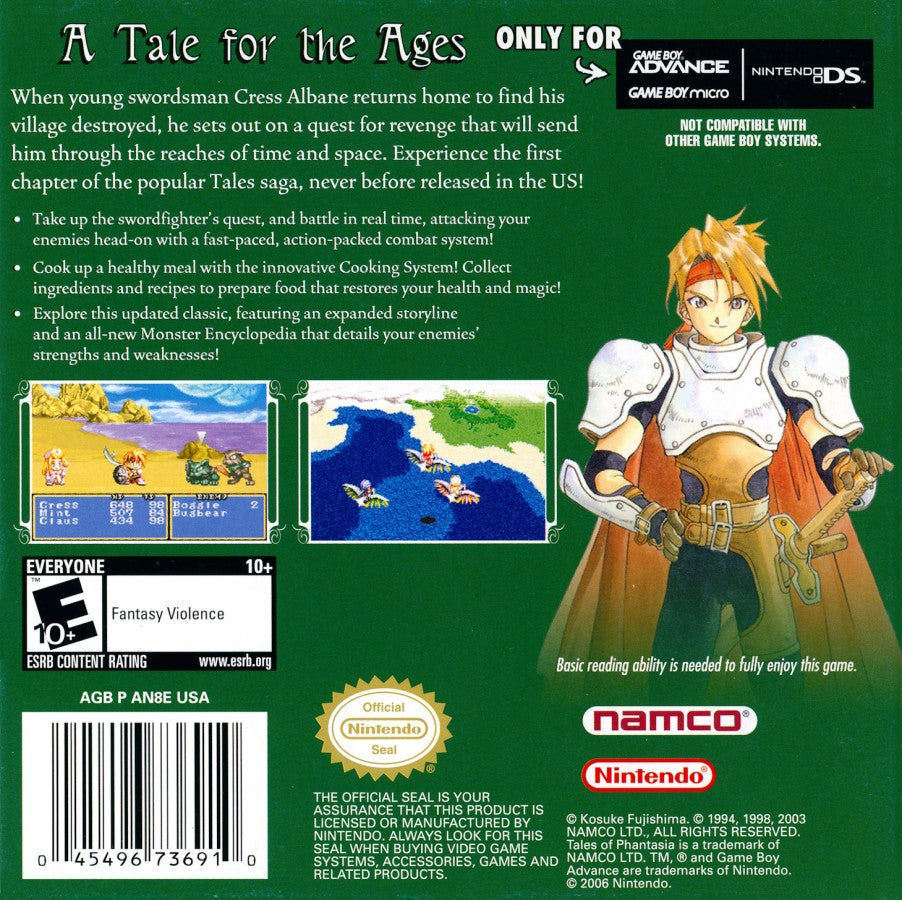 Tales of Phantasia cartridge for the Game Boy Advance featuring action RPG gameplay with side scrolling real time battles character driven storylines and a fantasy adventure across multiple time periods back cover art