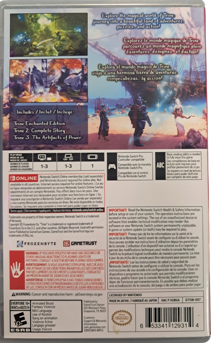 Trine Series 1–3 Nintendo Switch inspired design featuring fantasy puzzle platform adventure collection aesthetic magical heroes cooperative gameplay physics based challenges enchanting fairytale worlds and side scrolling exploration across three classic journeys presentation back cover