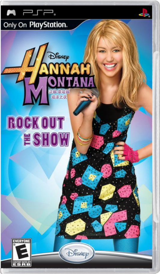 Hannah Montana: Rock It Out cover art for Playstation Portable (PSP). A rhythm‑focused music game starring Hannah Montana, featuring pop‑concert performances, dance routines, and customization elements inspired by the show.