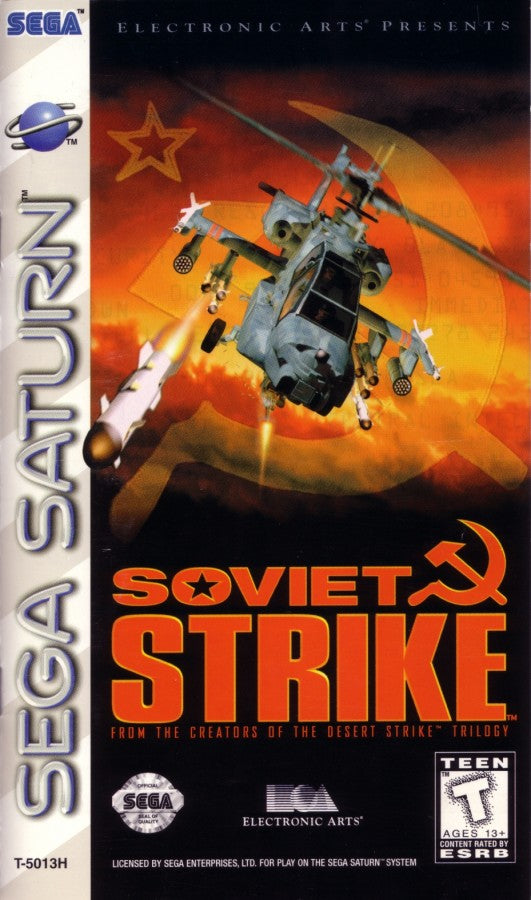 Soviet Strike Sega Saturn isometric helicopter action shooter military arcade combat desert jungle missions FMV style briefing sequences Electronic Arts Strike series gameplay retro gaming Sega Saturn software video game title cover art