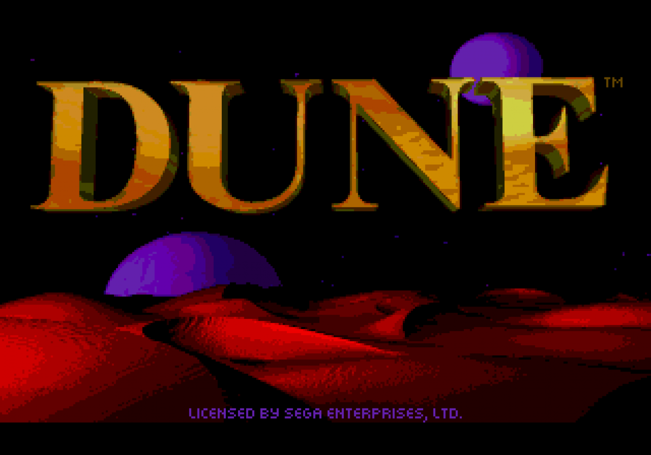 Dune Sega CD strategy adventure game real time strategy exploration Arrakis spice harvesting Frank Herbert sci fi Dune universe political intrigue house Atreides gameplay cinematic cutscenes retro gaming Sega CD software video game title start screen