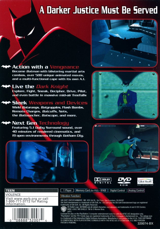 Batman: Vengeance for PlayStation 2 with animated superhero action and crime-fighting theme back cover art