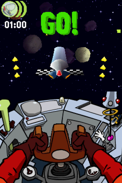 Galaxy Racers for Nintendo DS, gameplay for an arcade racing video game with sci-fi vehicles, fast-paced tracks, power-ups, and competitive gameplay