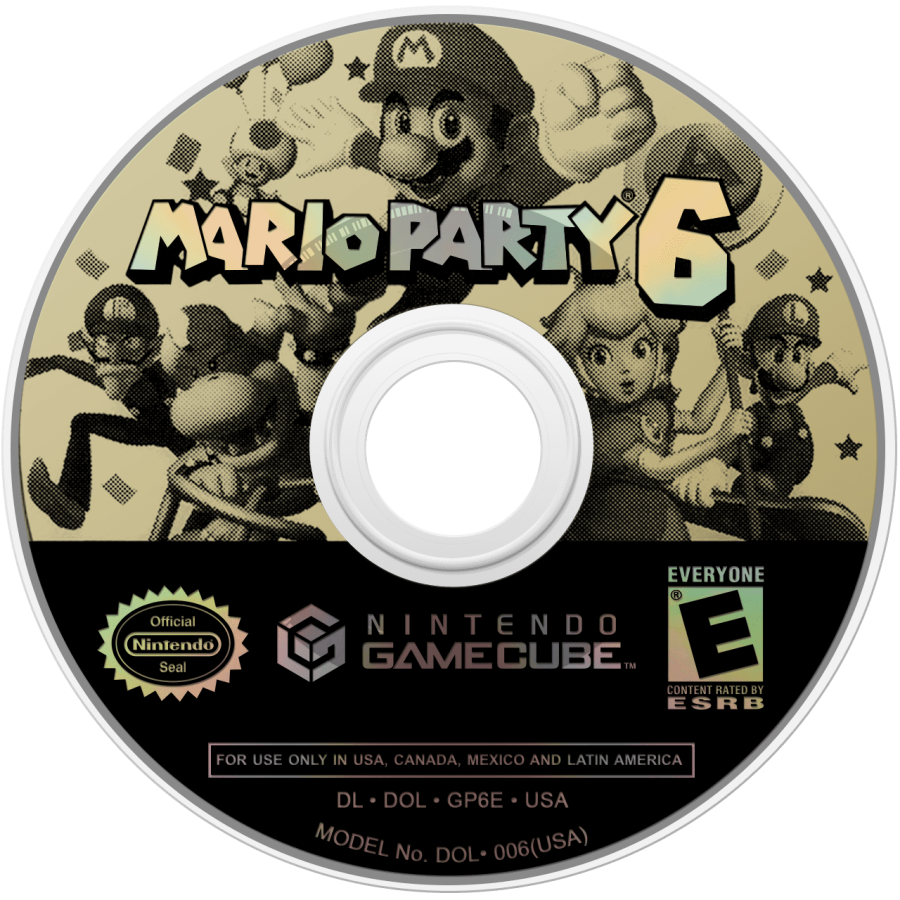 Mario Party 6 game for the Nintendo GameCube featuring party style gameplay with board game mechanics day and night cycle system mini games multiplayer modes and competitive challenges starring Mario and friends across themed boards disc
