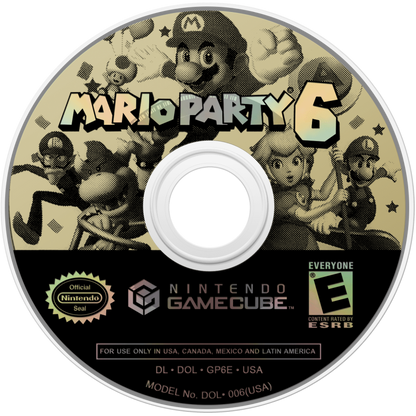 Mario Party 6 game for the Nintendo GameCube featuring party style gameplay with board game mechanics day and night cycle system mini games multiplayer modes and competitive challenges starring Mario and friends across themed boards disc