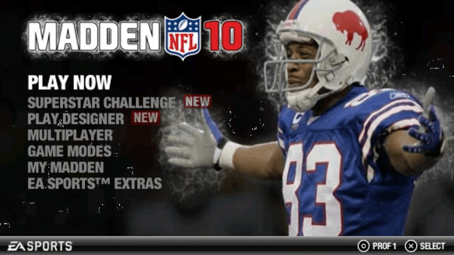 Madden NFL 10 start screen for PlayStation Portable (PSP) football sports video game
