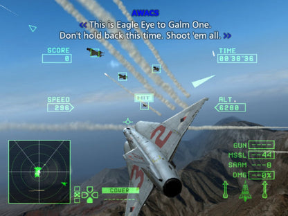 Ace Combat Zero The Belkan War PS2 Sony PlayStation 2 flight combat simulator jet fighter aerial dogfighting military aviation war campaign story driven Namco air combat game realistic flight missions retro PlayStation 2 software game title gameplay  
