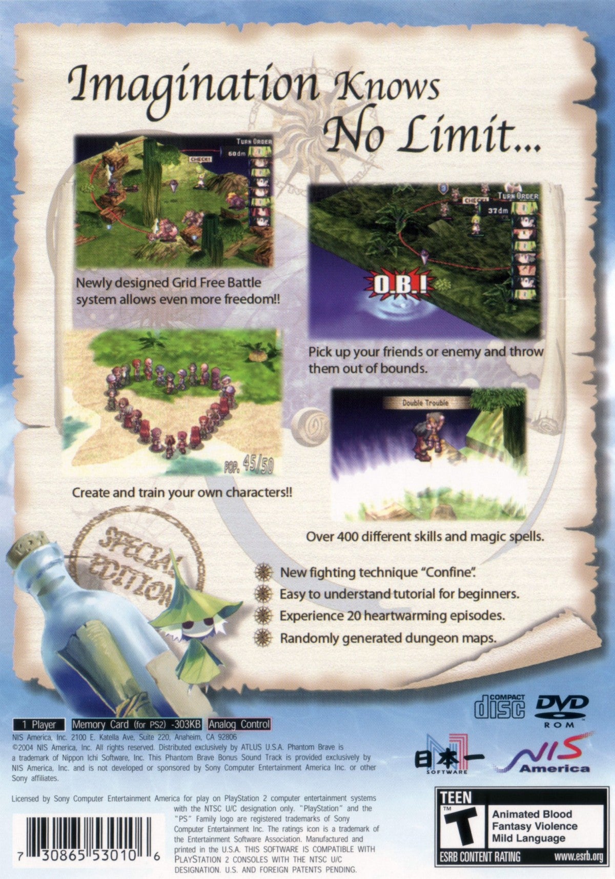Phantom Brave game for the PlayStation 2 featuring tactical RPG gameplay with grid free movement phantom summoning mechanics character driven storylines and strategic battles set in a colorful island world back cover art