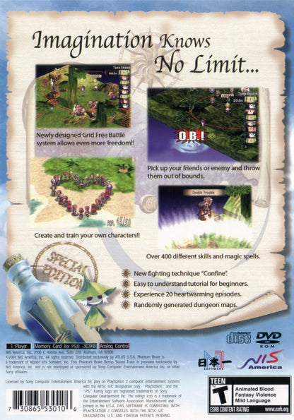 Phantom Brave game for the PlayStation 2 featuring tactical RPG gameplay with grid free movement phantom summoning mechanics character driven storylines and strategic battles set in a colorful island world back cover art
