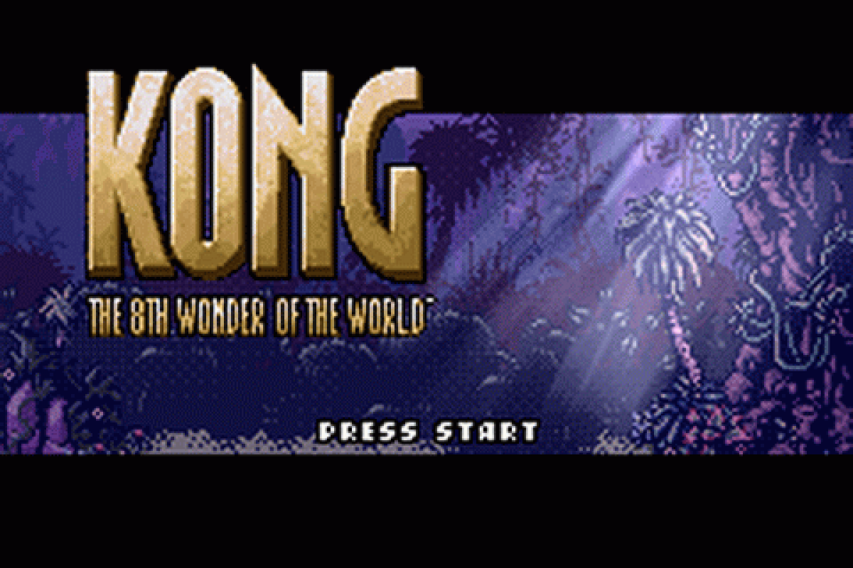 Kong 8th Wonder of the World for Game Boy Advance (GBA), title screen for a retro video game featuring action-adventure gameplay, side-scrolling combat, jungle exploration, movie-inspired battles, and creature-based challenges