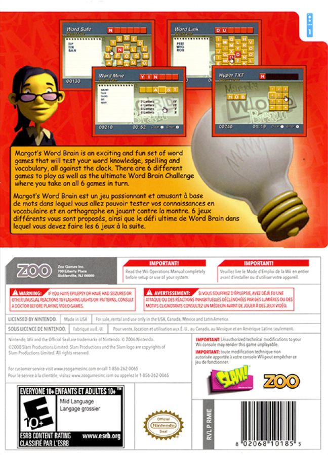 Margot's Word Brain – Nintendo Wii (Wii) word puzzle educational video game back of case