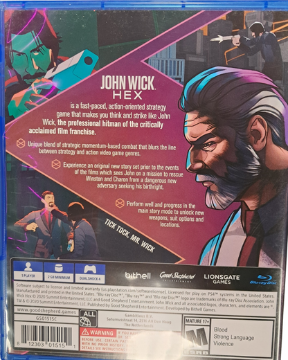 Retro John Wick Hex PS4 inspired design featuring tactical action strategy aesthetic neon noir assassin gameplay stylized gun fu combat cinematic hitman missions fast paced turn based combat inspired by the iconic action thriller franchise back cover