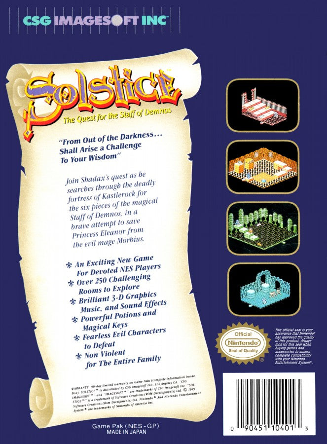 Solstice Nintendo Entertainment System NES video game featuring action adventure puzzle gameplay magical fantasy environments exploration challenging rooms item collection strategic problem solving and classic 8 bit gameplay retro video game collection collectible gaming appeal back cover art