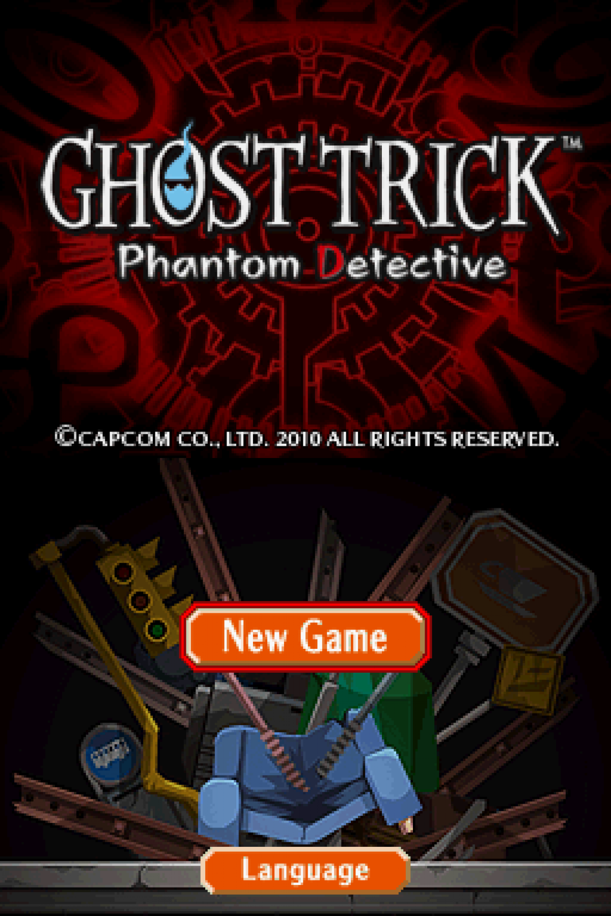 Ghost Trick Phantom Detective Nintendo DS video game, puzzle adventure, mystery storytelling, stylized visuals, handheld console title screen