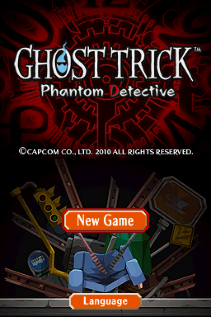 Ghost Trick Phantom Detective Nintendo DS video game, puzzle adventure, mystery storytelling, stylized visuals, handheld console title screen