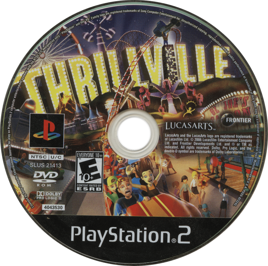 Thrillville – PlayStation 2 (PS2) video game disc, theme park management and simulation.