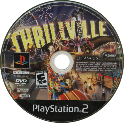 Thrillville – PlayStation 2 (PS2) video game disc, theme park management and simulation.