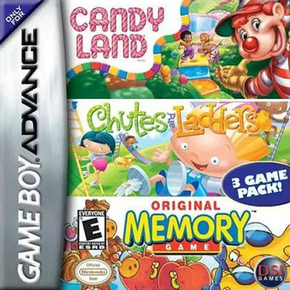 Candy Land / Chutes and Ladders / Memory for Game Boy Advance (GBA), cover image for a retro video game featuring classic board game adaptations, family-friendly mini-games, puzzle challenges, and casual multiplayer gameplay