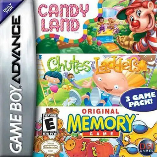 Candy Land / Chutes and Ladders / Memory for Game Boy Advance (GBA), cover image for a retro video game featuring classic board game adaptations, family-friendly mini-games, puzzle challenges, and casual multiplayer gameplay