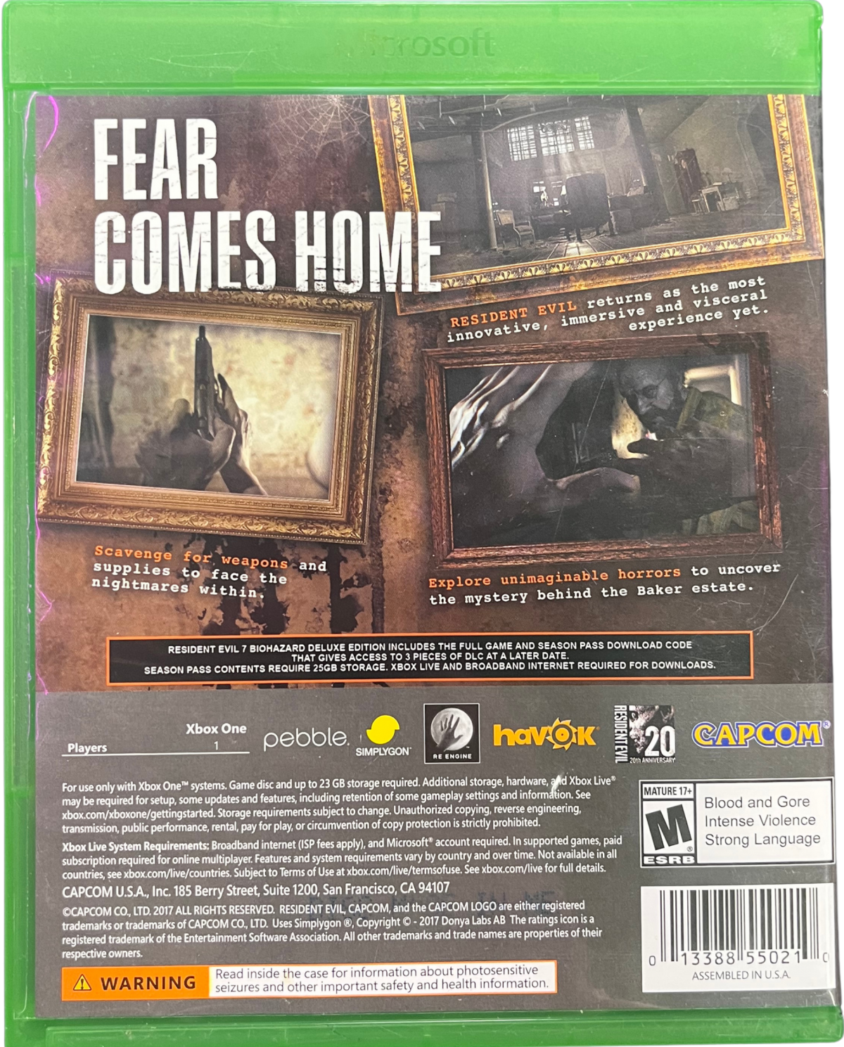 Resident Evil 7 Biohazard Xbox One for retro video game enthusiasts featuring survival horror gameplay first person exploration tense atmosphere puzzle solving resource management terrifying enemy encounters immersive storytelling and collectible gaming appeal back art 