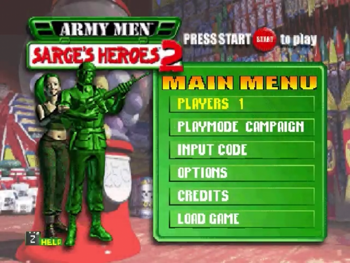 Army Men: Sarge's Heroes 2 [Green Cart] title card for Nintendo 64 (N64) video game