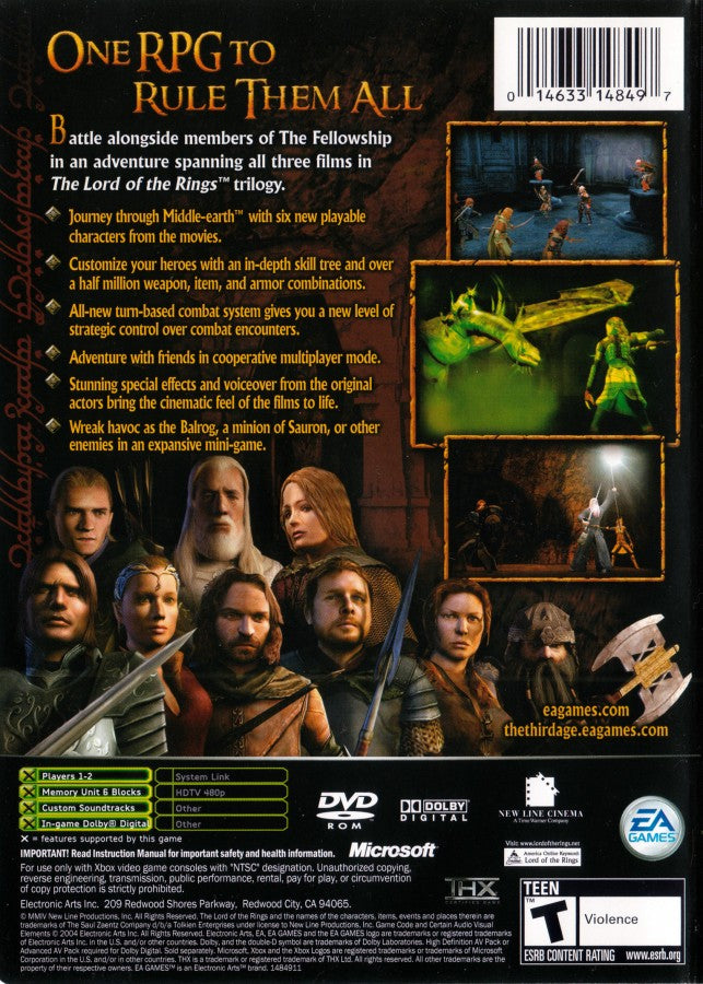 The Lord of the Rings The Third Age Xbox XBOX for role playing video game fans featuring turn based combat epic Middle earth adventure Fellowship inspired storyline character progression strategic battles fantasy exploration iconic Tolkien universe collectible gaming appeal back cover art