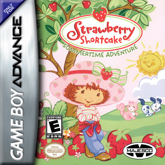 Game Boy Advance cover art for 'Strawberry Shortcake Summertime Adventure' with colorful design and character illustration.