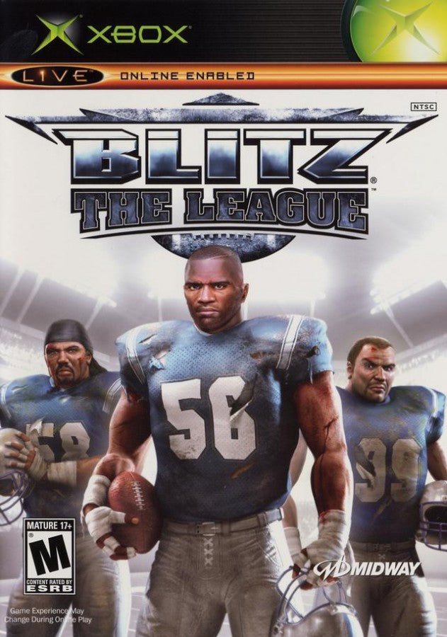 Blitz The League Microsoft Xbox Original Xbox video game featuring arcade football gameplay hard hitting tackles aggressive competition team management career mode player customization and intense sports action retro video game collection collectible gaming appeal cover art