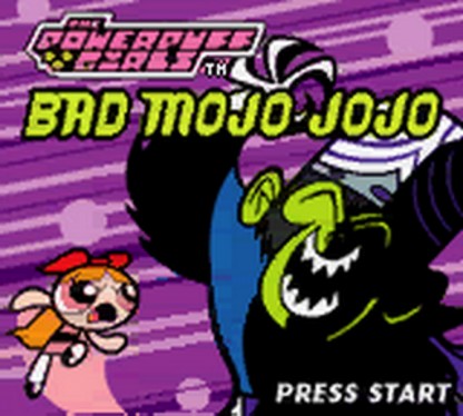 The Powerpuff Girls Bad Mojo Jojo for Game Boy Color, title page for a platformer action video game with side-scrolling gameplay, character-based abilities, cartoon-style combat, and villain-focused storyline
