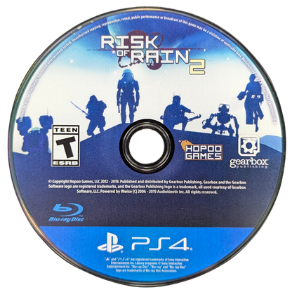 Risk of Rain 2 for PlayStation 4 (PS4) at Gamers INC, featuring frantic co-op roguelike action in full 3D where you battle escalating hordes, stack outrageous item combos, and fight to survive on a mysterious alien planet with endlessly scaling difficulty disc