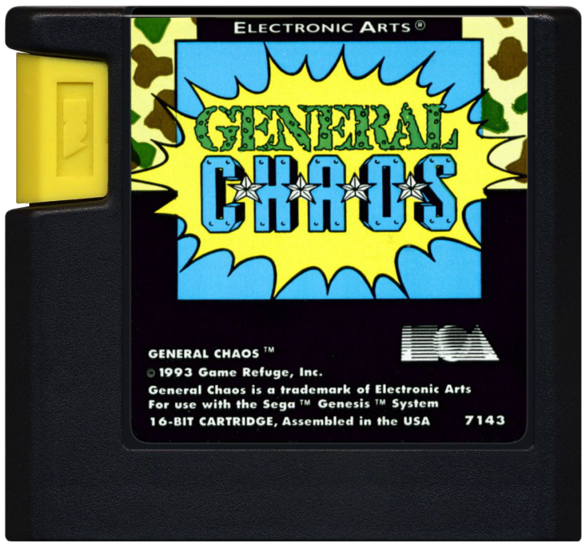 General Chaos Sega Genesis GEN for retro video game enthusiasts featuring real time strategy action gameplay squad based military combat tactical battlefield missions multiplayer competition humorous war themed action and collectible gaming appeal cartridge