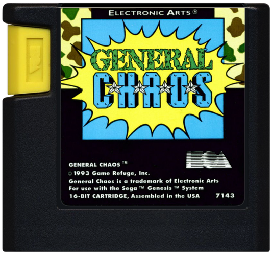 General Chaos Sega Genesis GEN for retro video game enthusiasts featuring real time strategy action gameplay squad based military combat tactical battlefield missions multiplayer competition humorous war themed action and collectible gaming appeal cartridge