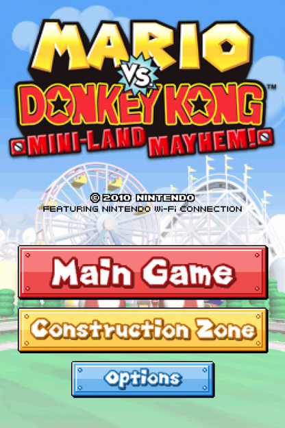 Mario vs. Donkey Kong: Mini-Land Mayhem start screen for Nintendo DS (DS) puzzle platforming video game