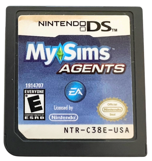 MySims Agents for Nintendo DS, cartridge for an action-adventure simulation video game with detective gameplay, puzzle-solving, mission-based progression, and cartoon-style characters