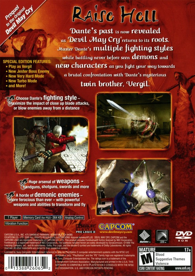 Devil May Cry 3: Dante's Awakening – Special Edition Greatest Hits edition for PlayStation 2 action hack and slash game featuring Dante stylish combat demon enemies boss battles campaign mode fast paced gameplay back cover