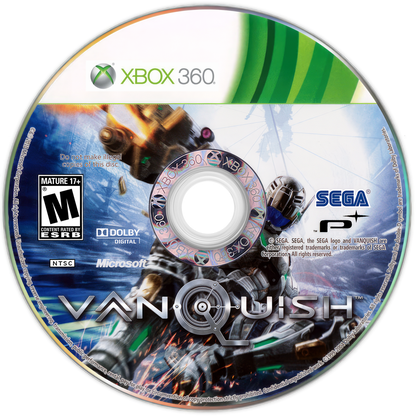 Retro Vanquish Xbox 360 inspired design featuring high speed sci fi third person shooter aesthetic vintage HD era futuristic powered armor sliding combat bullet time action explosive robot warfare sleek industrial sci fi battlefield nostalgic PlatinumGames presentation disc 