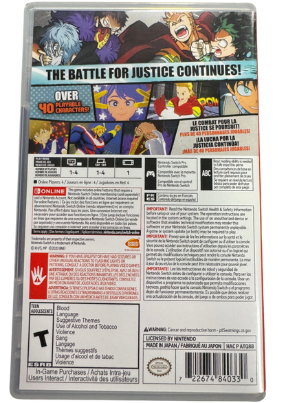 My Hero One's Justice 2 Collector's Edition Missing Collector's Box Nintendo Switch NS video game featuring My Hero Academia fighting gameplay anime characters Quirks special attacks arena battles hero and villain combat story mode Nintendo Switch gaming retro video game collection collectible gaming appeal back cover art