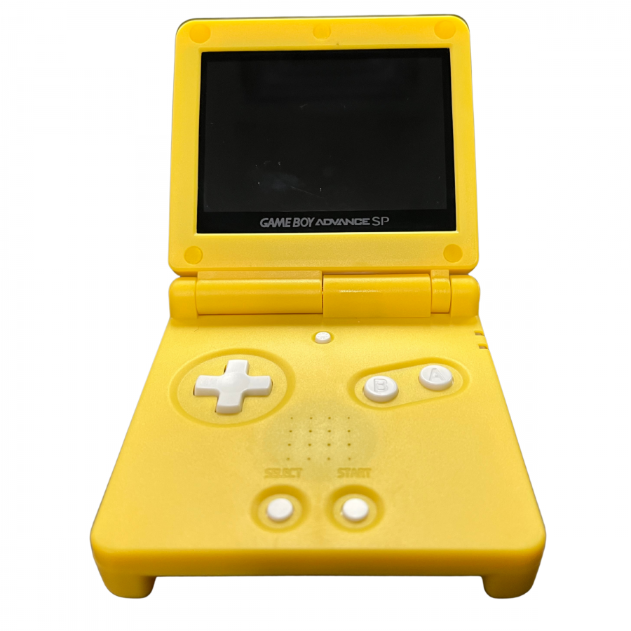 Custom Question Block Shell Game Boy Advance SP GBA SP handheld gaming console featuring Super Mario Bros Question Block design custom shell IPS backlit screen enhanced display vibrant colors adjustable viewing experience foldable clamshell design rechargeable battery portable Nintendo gaming hardware retro gaming collection collectible handheld console appeal