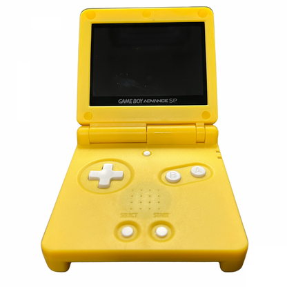 Custom Question Block Shell Game Boy Advance SP GBA SP handheld gaming console featuring Super Mario Bros Question Block design custom shell IPS backlit screen enhanced display vibrant colors adjustable viewing experience foldable clamshell design rechargeable battery portable Nintendo gaming hardware retro gaming collection collectible handheld console appeal