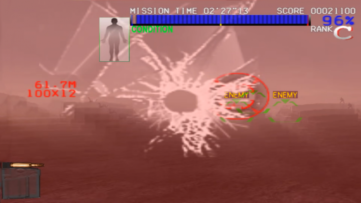 Silent Scope 3 – PlayStation 2 (PS2) video game gameplay, arcade-style light-gun shooter.