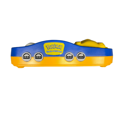 Pikachu Nintendo 64 Console N64 gaming system featuring Pikachu themed yellow console design iconic Pokémon styling built in controller ports cartridge based game support AV connectivity and classic Nintendo 64 hardware design collectible Pokémon and retro Nintendo gaming appeal front of console